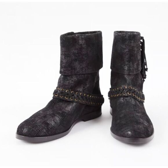 Balmain Black Metallic Shimmer Suede Western Fringe Boots Women’s Size 38.5 US 8 - Picture 2 of 10